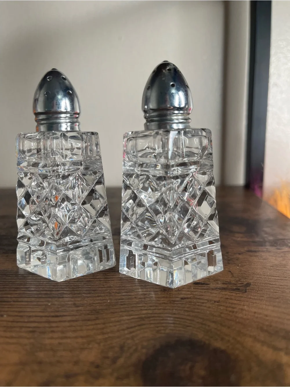 Clear Cut Glass Salt and Pepper Shakers with Silver Tops